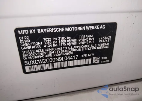 2022 BMW X7 xDrive40I z USA, uszkodzony, nr VIN 5UXCW2C00N9L04417